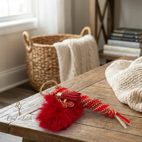Sweetheart Red Swirl Keychain with Pom, tassel and cherry charm - Picture 2 of 2